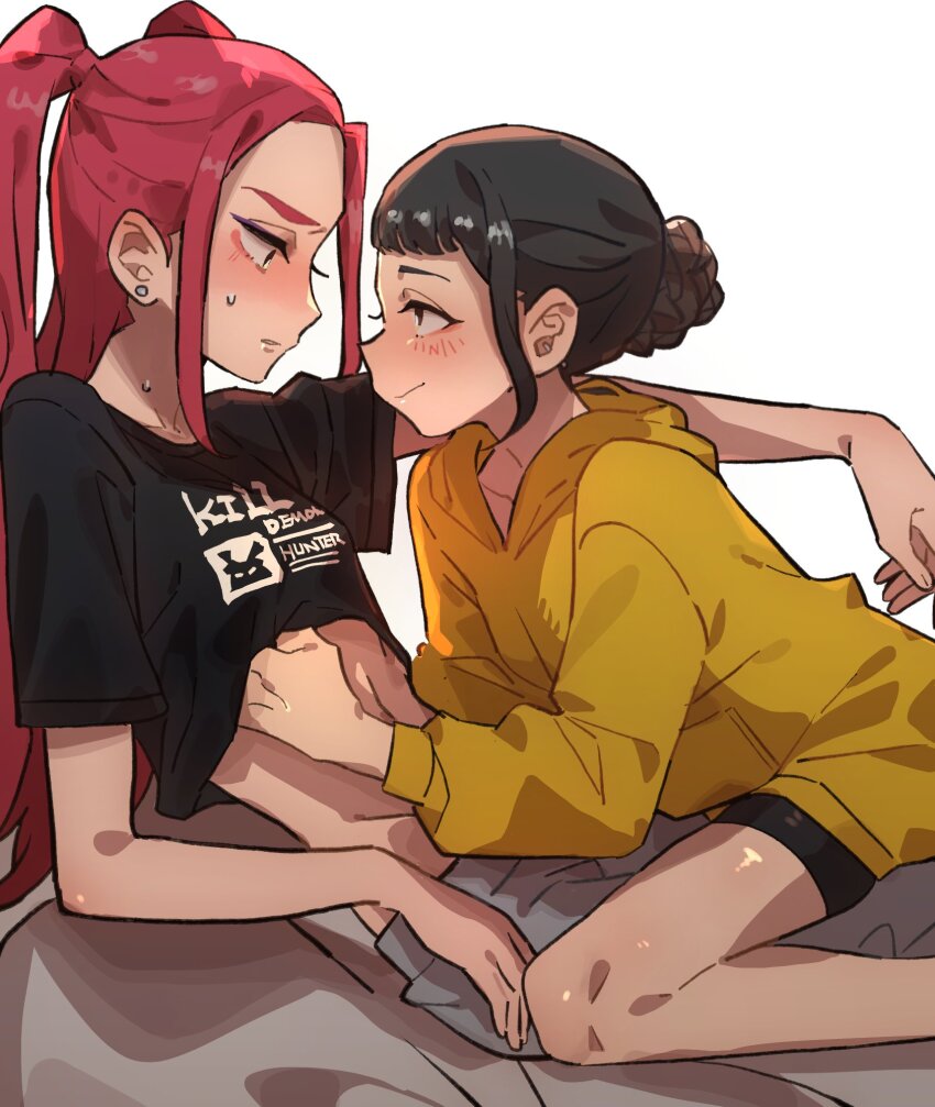 2girls, black_hair, black_shirt, blush, closed_mouth, clothes_lift, commentary, earrings