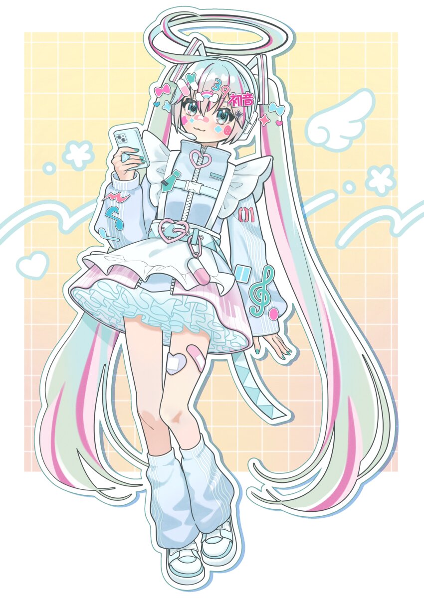 1girl, 39, absurdres, ahoge, aqua_hair, belt, cellphone, commentary_request