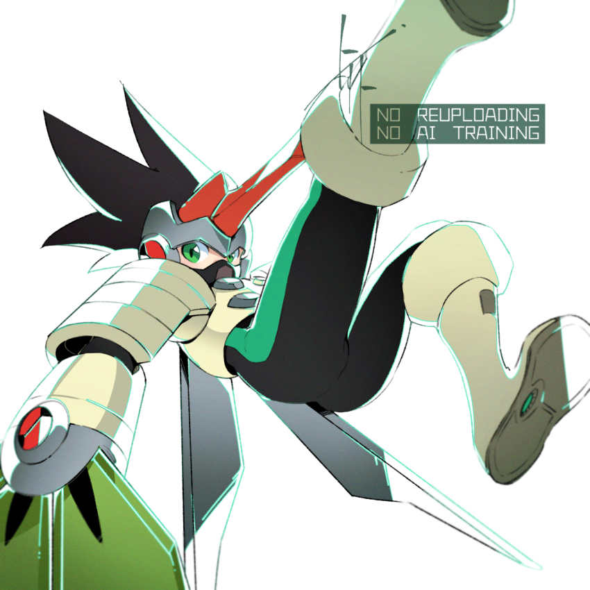 1boy, black_hair, covered_mouth, double_soul_(mega_man), green_eyes, hand_fan, highres, horns, long_hair, male_focus, mask, mega_man_(series), mega_man_battle_network_(series), megaman.exe, mouth_mask, simple_background, solo, tenguman.exe, to_i_to_io, watermark, white_background