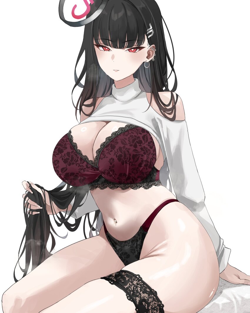 1girl, absurdres, black_bra, black_hair, black_panties, blue_archive, bra, breasts, bright_pupils, cleavage, clothing_cutout, commentary, ear_piercing, earrings, english_commentary, hair_ornament, hairclip, halo, highres, holding, holding_own_hair, jewelry, lace, lace-trimmed_bra, lace_thigh_strap, lace_trim, large_breasts, long_hair, long_sleeves, looking_at_viewer, miz_blank, navel, navel_piercing, panties, piercing, red_bra, red_eyes, red_panties, rio_(blue_archive), shoulder_cutout, sitting, solo, turtleneck, two-tone_bra, two-tone_panties, underwear, very_long_hair, white_background, white_pupils