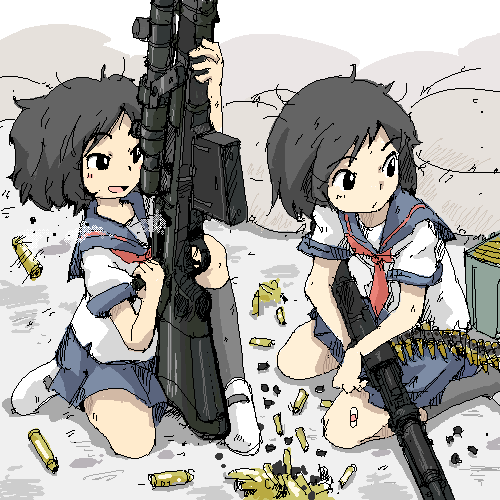 2girls, ammunition_belt, anti-materiel_rifle, black_eyes, black_hair, bolt_action, bullet, casing_ejection