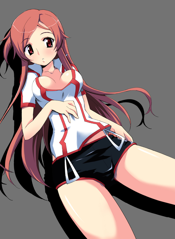 00s, 1girl, breasts, cleavage, cowboy_shot, dragonaut, female_focus, lying, nippori, on_back, red_eyes, red_hair, short_shorts, shorts, solo, toa_(dragonaut)