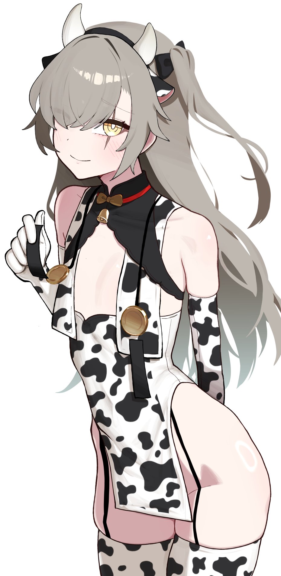 1girl, animal_ear_hairband, animal_ears, animal_print, bell, bright_pupils, brown_hair, cosplay