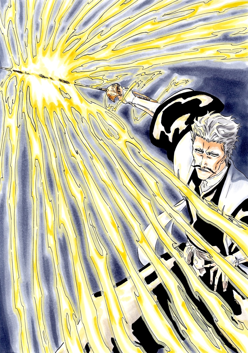 1boy, alpen_no_koyari, arm_guards, bankai, black_hakama, black_kimono, blank_eyes, bleach, bleach:_sennen_kessen-hen, commentary, electricity, electrokinesis, facial_hair, feet_out_of_frame, fighting_stance, forehead, grey_hair, hakama, highres, holding, holding_sword, holding_weapon, japanese_clothes, kimono, koukou_gonryou_rikyuu_(bankai), kubo_tite_(style), long_sleeves, male_focus, mature_male, mustache, nose, official_style, outstretched_arm, parted_lips, rapier, sasakibe_choujirou, serious, short_eyebrows, short_hair, simple_background, solo, spiked_hair, standing, sunken_cheeks, sword, v-shaped_eyebrows, weapon, wide_sleeves