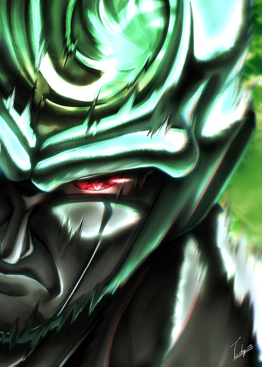 1boy, absurdres, close-up, colored_skin, dragon_ball, dragonball_z, eye_reflection, grey_skin