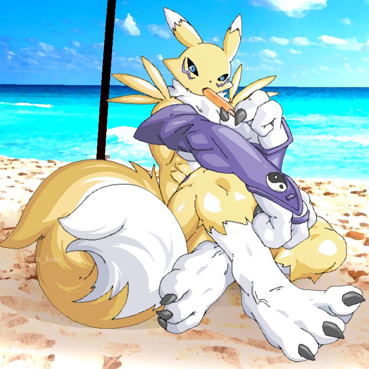 beach, black_sclera, blue_eyes, body_fur, colored_sclera, digimon, digimon_(creature), food, full_body, guzu_kuo, holding, holding_food, holding_popsicle, kitsune, ocean, popsicle, renamon, sand, sitting, solo, yellow_fur