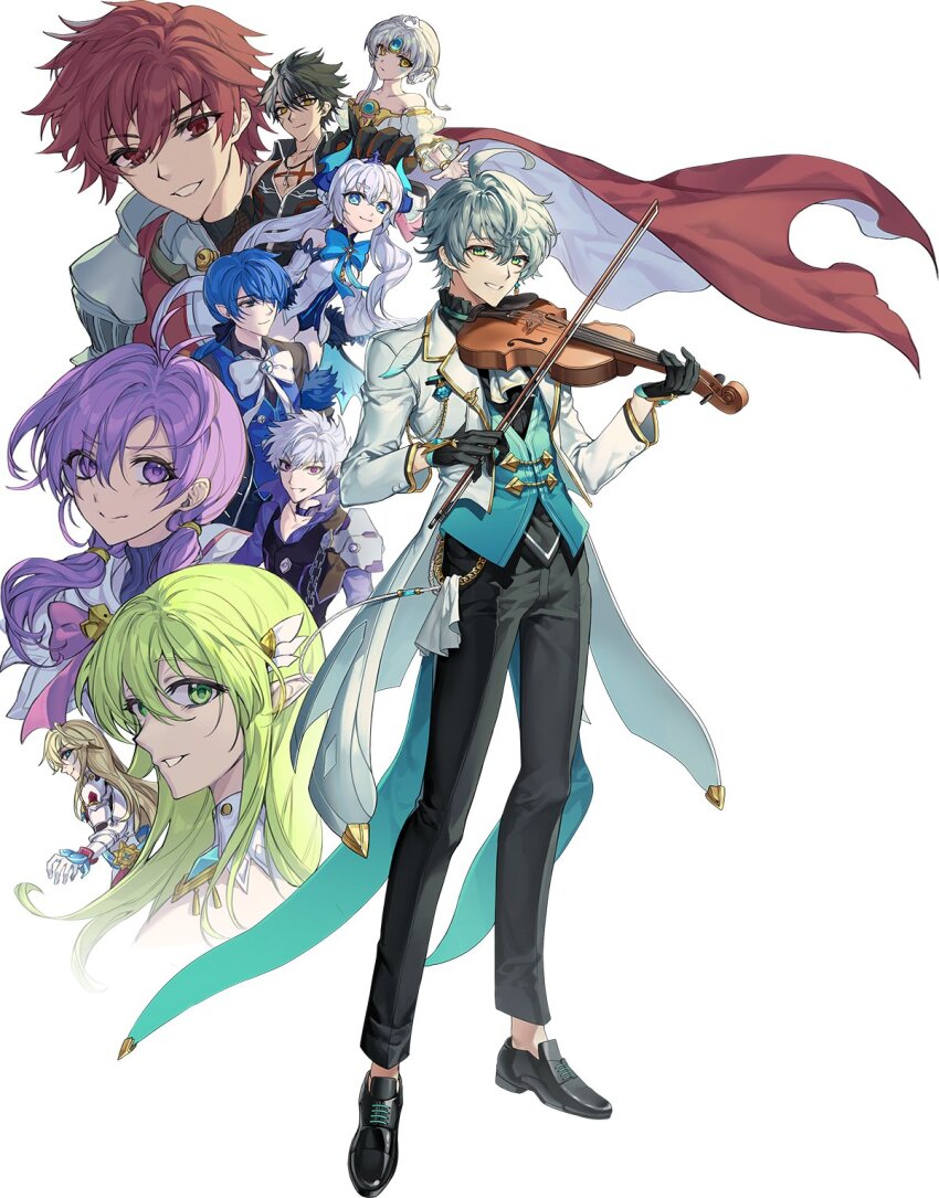 4girls, 6+boys, add_(elsword), ahoge, ainchase_ishmael, aisha_landar, alternate_costume, antenna_hair, aqua_gem, aqua_vest, armor, ascot, bare_shoulders, black_gloves, black_hair, black_jacket, black_leotard, black_pants, black_shirt, black_shoes, black_vest, blonde_hair, blue_bow, blue_bowtie, blue_eyes, blue_hair, blue_vest, bow, bow_(music), bowtie, cape, chung_seiker, ciel_(elsword), closed_mouth, coat, coattails, cropped_legs, cropped_shoulders, cross, cross_necklace, demon_horns, dress, elsword, erbluhen_emotion_(elsword), eve_(elsword), forehead_jewel, frilled_shirt_collar, frills, full_body, ged_s, gem, gloves, gold_trim, green_eyes, green_hair, grey_hair, hair_between_eyes, hair_ornament, hair_over_one_eye, highres, holding, holding_bow_(music), holding_instrument, holding_violin, horns, instrument, jacket, jewelry, korean_commentary, lapels, leotard, long_hair, long_sleeves, looking_at_viewer, low_ponytail, low_twintails, luciela_r._sourcream, male_focus, multicolored_hair, multiple_boys, multiple_girls, necklace, notched_lapels, oxfords, pants, parted_bangs, parted_lips, plume, pointy_ears, ponytail, purple_bow, purple_bowtie, purple_eyes, purple_hair, purple_shirt, raven_cronwell, red_cape, red_eyes, red_hair, rena_erindel, shirt, shoes, short_hair, shoulder_armor, simple_background, sleeveless, sleeveless_jacket, smile, solo_focus, standing, tailcoat, twintails, two-tone_hair, vest, violin, wallet_chain, white_armor, white_ascot, white_background, white_bow, white_bowtie, white_coat, white_dress, white_hair, yellow_eyes