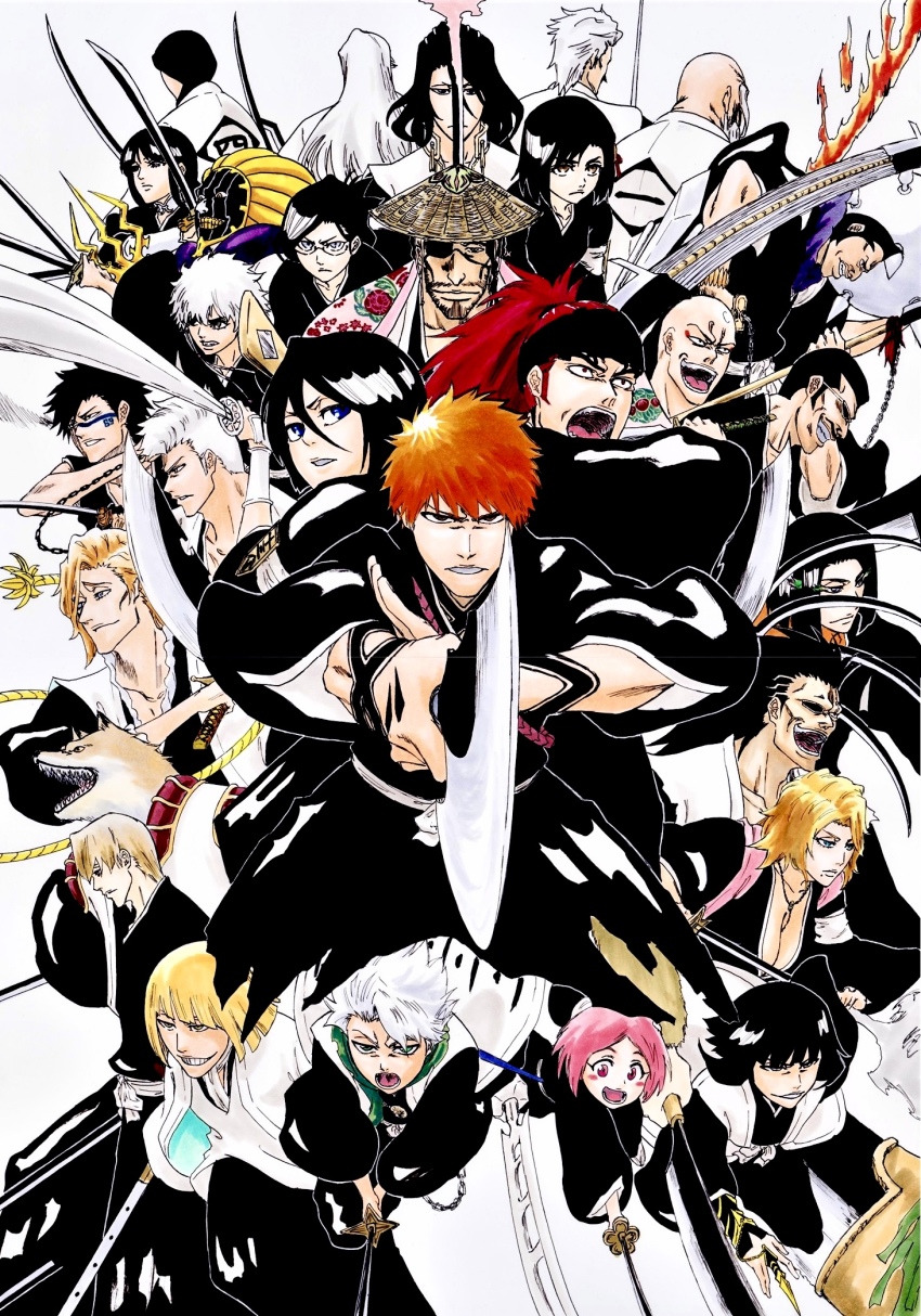 6+boys, 6+girls, :d, abarai_renji, alpen_no_koyari, ashisogi_jizou_(shikai), ayasegawa_yumichika, badge, bald, black_hair, black_headband, black_kimono, bleach, bleach:_sennen_kessen-hen, blonde_hair, blue_eyes, blunt_bangs, blush_stickers, bob_cut, breasts, brown_eyes, brown_hair, cleavage, closed_mouth, colored_teeth, commentary_request, dog_boy, everyone, eyebrows_hidden_by_hair, eyepatch, facial_hair, facial_mark, father_and_child, father_and_daughter, feet_out_of_frame, floating_hair, foreshortening, frown, fukutaichou_badge, gegetsuburi_(shikai), glasses, green_eyes, grin, haineko_(shikai), hair_between_eyes, haori, headband, highres, hinamori_momo, hirako_shinji, hisagi_shuuhei, hitsugaya_toushirou, holding, holding_sword, holding_weapon, houzukimaru_(shikai), iba_tetsuzaemon, incoming_attack, ise_nanao, itegumo_(shikai), japanese_clothes, jewelry, katana, kazeshini_(shikai), kimono, kinshara_(shikai), kira_izuru, komamura_sajin, kotetsu_isane, kubo_tite_(style), kuchiki_byakuya, kuchiki_rukia, kurosaki_ichigo, kurotsuchi_mayuri, kurotsuchi_nemu, kusajishi_yachiru, kyouraku_shunsui, large_breasts, long_hair, long_sleeves, looking_ahead, looking_at_viewer, madarame_ikkaku, matsumoto_rangiku, mature_male, medium_hair, mohawk, mole, mole_under_mouth, muguruma_kensei, multiple_boys, multiple_girls, mustache, necklace, nose, official_style, one_eye_covered, oomaeda_marechiyo, ootoribashi_roujuurou, open_mouth, orange_hair, parent_and_child, parted_bangs, parted_lips, pink_hair, ponytail, profile, red_eyes, red_hair, ryuujin_jakka_(shikai), sakanade_(shikai), sasakibe_choujirou, scar, scar_on_face, senbonzakura_(shikai), serious, sharp_teeth, shikai, shinken_hakkyouken, short_hair, simple_background, smile, sode_no_shirayuki_(shikai), spiked_hair, standing, straight_hair, sui-feng, sunglasses, sunken_cheeks, suzumebachi_(shikai), sword, taichou_haori, teeth, tobiume_(shikai), ukitake_juushirou, unohana_retsu, v-shaped_eyebrows, wabisuke_(shikai), weapon, white_background, white_hair, white_haori, wide_sleeves, yamamoto-genryuusai_shigekuni, yellow_teeth, zabimaru_(shikai), zangetsu_(shikai), zanpakutou, zaraki_kenpachi