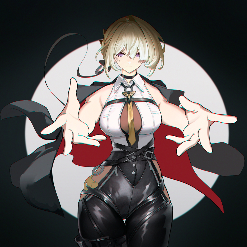 1girl, absurdres, black_background, black_choker, black_pants, blonde_hair, breasts, chest_harness