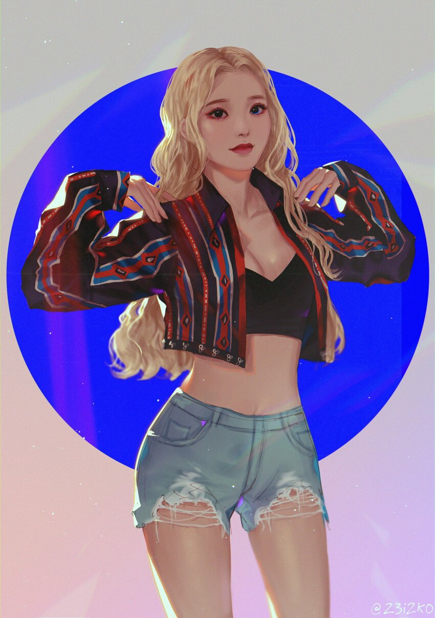 1girl, 23i2ko, absurdres, backlighting, blonde_hair, breasts, brown_eyes, circle