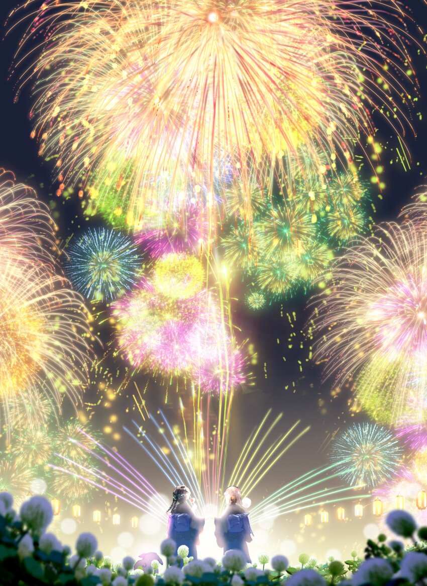 2girls, aerial_fireworks, blurry, blurry_foreground, facing_away, festival, field, fireworks