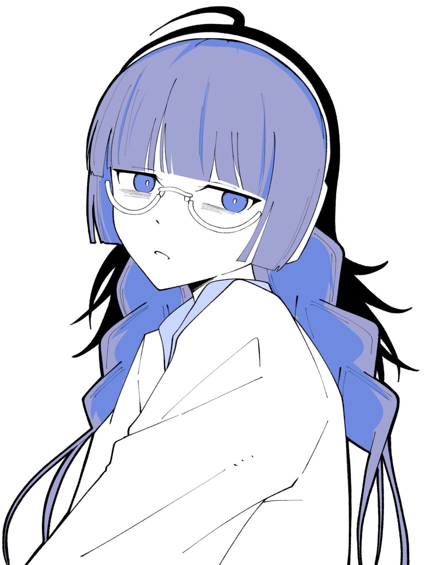 1girl, ado_(utaite), ahoge, blue_eyes, blue_hair, braid, commentary_request, glasses