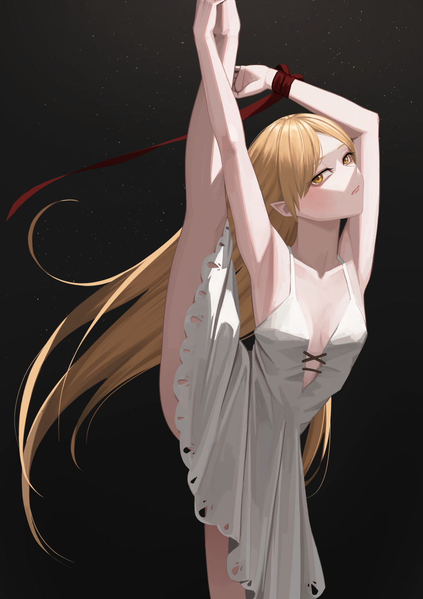 1girl, absurdres, armpits, arms_up, bare_shoulders, blonde_hair, collarbone, commentary