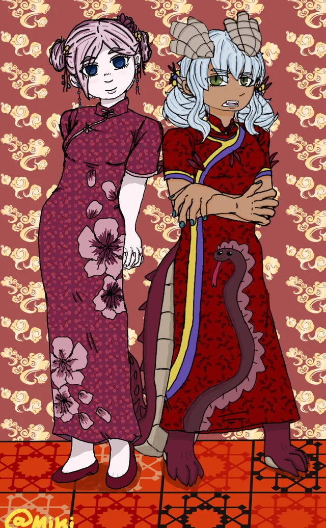 2girls, bad_perspective, bad_proportions, chinese_clothes, chinese_new_year, full_body, isekai_shikkaku, multiple_girls