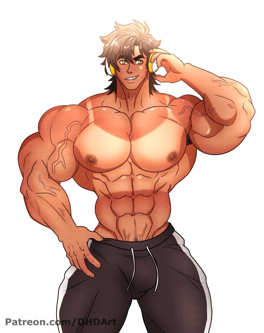 1boy, abs, brown_hair, doodlehappydavis, headphones, heat_stroke, highres, indie_virtual_youtuber