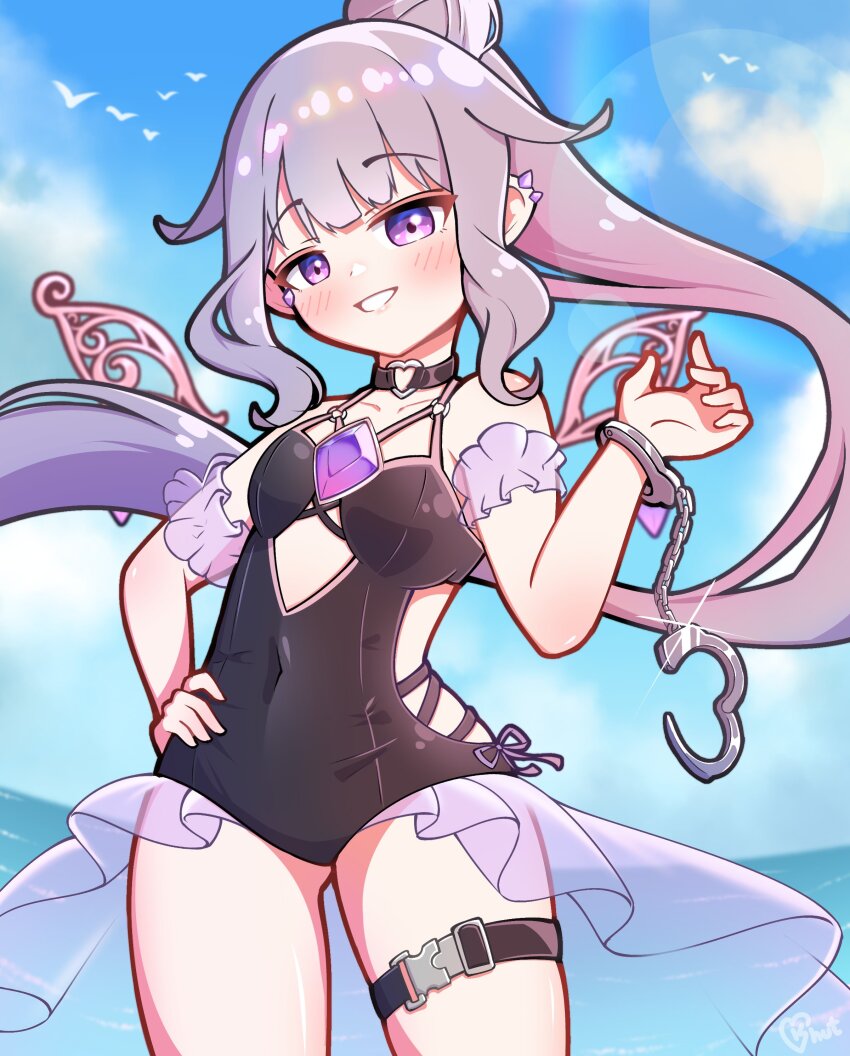 1girl, absurdres, artist_logo, black_choker, black_one-piece_swimsuit, blue_sky, blush, breasts