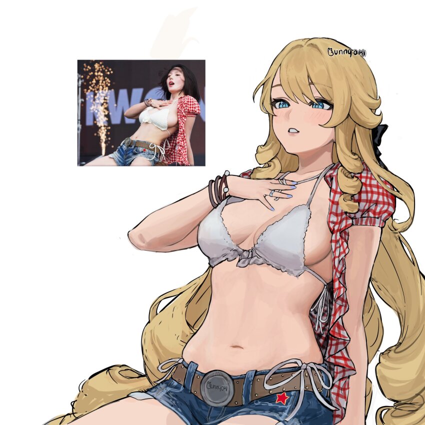 1girl, alternate_costume, belt, blonde_hair, blue_eyes, blue_shorts, bra, bracelet