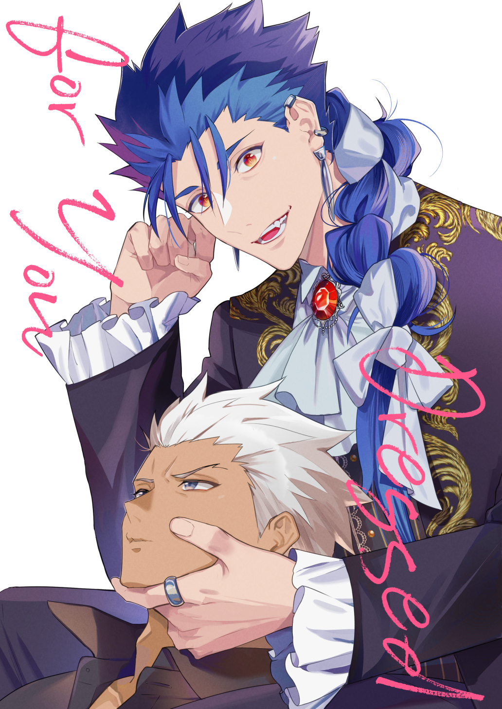 2boys, archer_(casual_wear)_(fate), archer_(fate), ascot, basashi_(1092aru), black_shirt, blue_hair, braid
