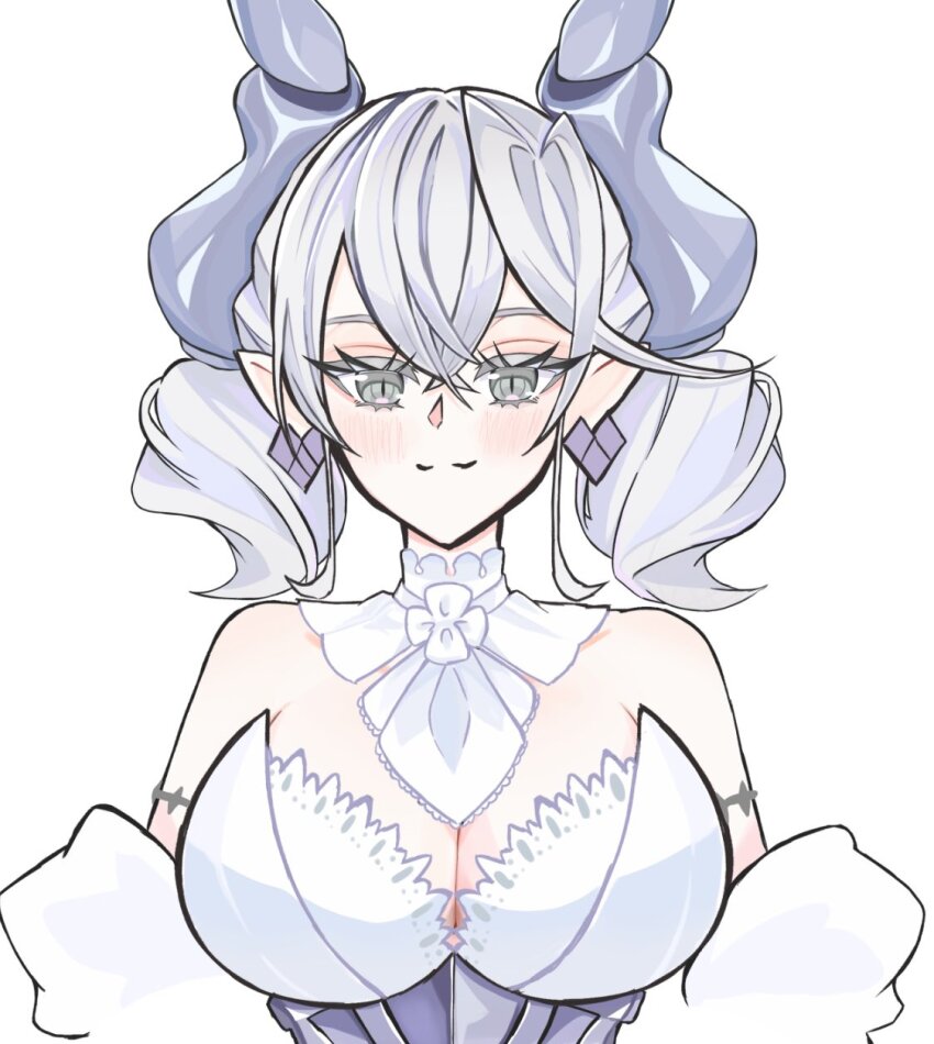 1girl, bare_shoulders, breasts, cleavage, dress, duel_monster, earrings, grey_eyes