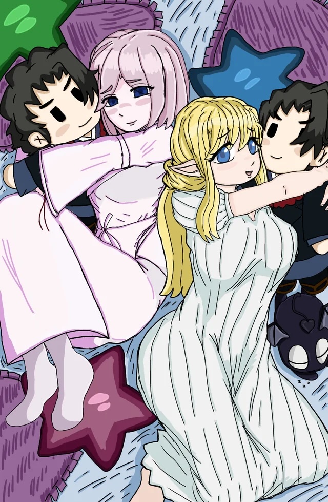 annette_(isekai_shikkaku), bed, bed_sheet, dazai_osamu_(isekai_shikkaku), han'eri, isekai_shikkaku, kimi_no_koto_ga_dai_dai_dai_dai_daisuki_na_100-nin_no_kanojo, melos_(isekai_shikkaku)