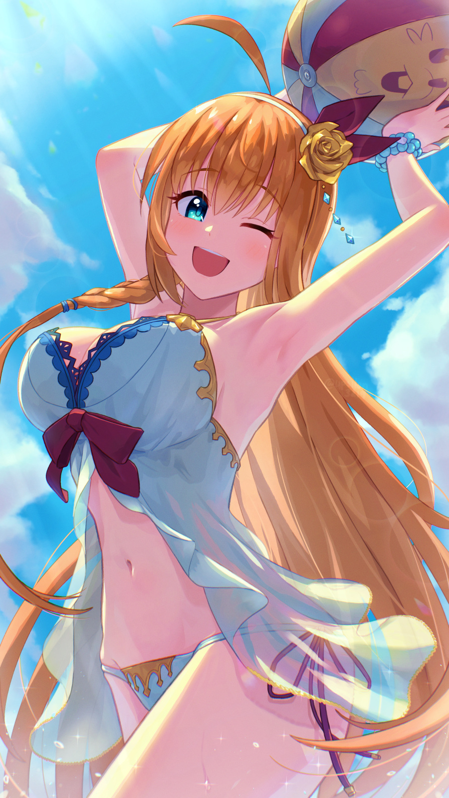1girl, ;d, ahoge, armpit_focus, armpits, arms_up, ball, bare_arms, beachball, bikini, blonde_hair, blue_eyes, bow, bracelet, breasts, cleavage, cowboy_shot, floating_hair, flower, hair_bow, hair_flower, hair_ornament, hairband, highres, jewelry, large_breasts, long_hair, navel, one_eye_closed, open_mouth, pecorine_(princess_connect!), princess_connect!, red_bow, side-tie_bikini_bottom, smile, solo, standing, swimsuit, upsilon3219, very_long_hair, white_bikini, white_hairband, yellow_flower