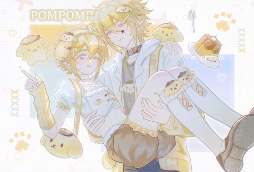 2boys, ahoge, alternate_costume, androgynous, animal_bag, animal_ear_hairband, animal_ears, aotu_world