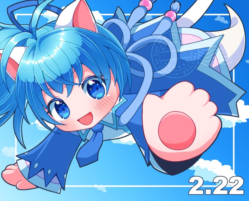 1girl, animal_ears, blue_dress, blue_eyes, blue_hair, blue_necktie, blue_sky, cat_ears