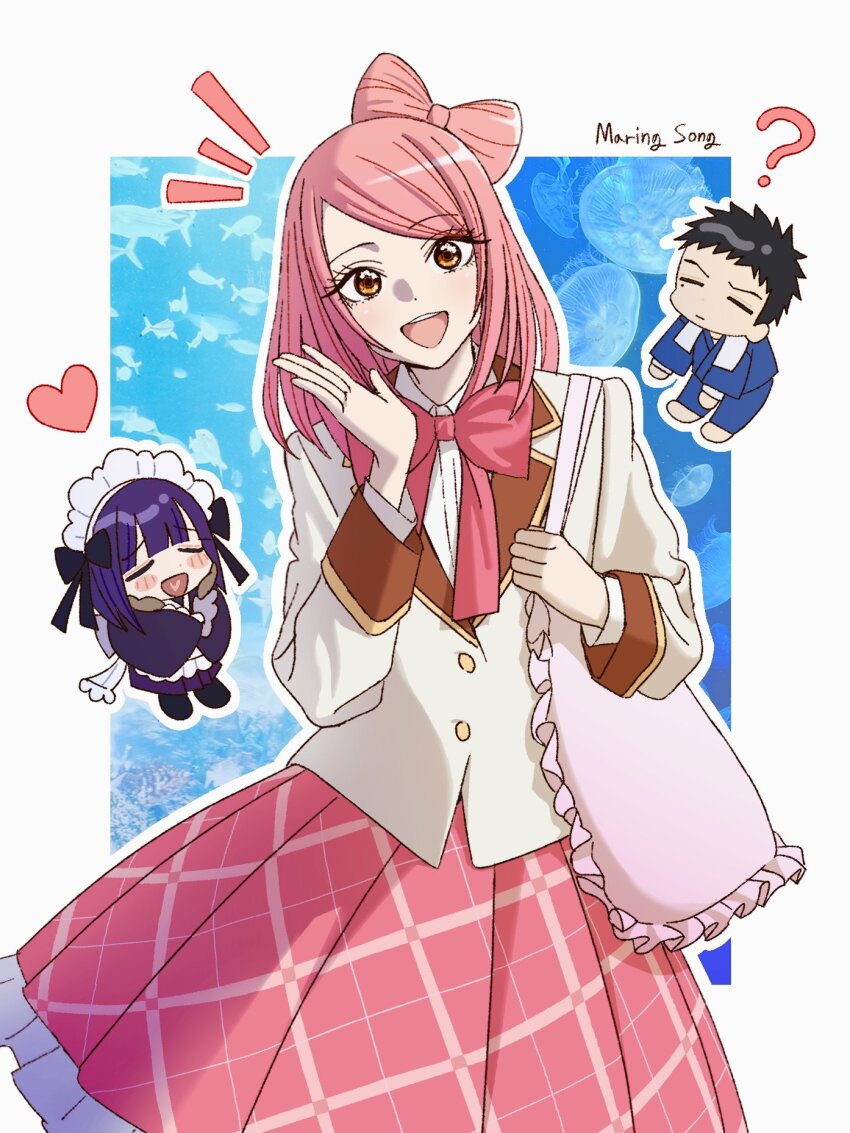 1boy, 1girl, 1other, ?, artist_name, bag, blazer, blush, bow, bow-shaped_hair, bowtie, brown_eyes, chibi, chibi_inset, closed_eyes, contrast_lapels, commentary_request, frilled_bag, gojou_wakana, heart, highres, himeno_amane, jacket, japanese_clothes, kitagawa_marin, kuroe_shizuku, lapels, long_hair, long_sleeves, looking_at_viewer, maid, maring_song, open_mouth, pink_bow, pink_bowtie, pink_hair, pink_skirt, shoulder_bag, skirt, sono_bisque_doll_wa_koi_wo_suru, wa_maid, white_jacket