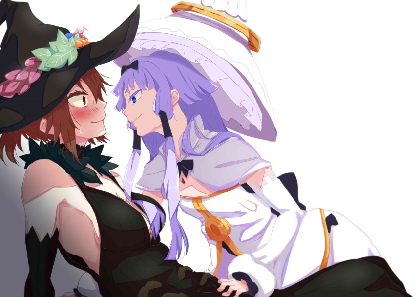 2girls, black_bow, black_dress, black_hat, black_ribbon, black_sleeves, blue_eyes, blush