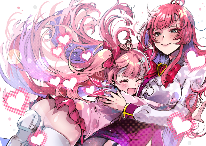 2girls, ahoge, blush, bow, bowtie, center_frills, closed_eyes, closed_mouth