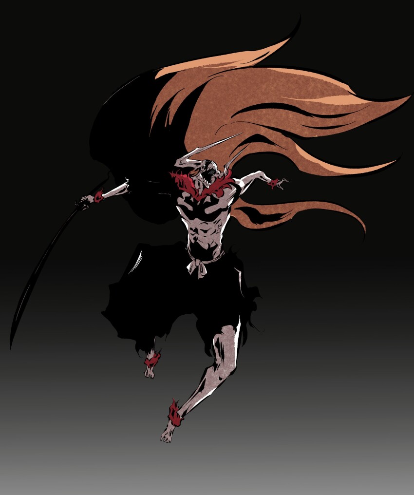 1boy, absurdres, black_hakama, bleach, body_markings, bracelet, colored_skin, dark, dynamic_pose, full_body, fur_bracelet, fur_collar, hakama, highres, holding, holding_sword, holding_weapon, hollow_(bleach), hollow_mask, horns, japanese_clothes, jewelry, ken_hollow, kurosaki_ichigo, long_hair, male_focus, mask, open_mouth, orange_hair, shadow, shihakusho, shinigami, simple_background, skull_mask, sword, tensa_zangetsu_(bankai), torn_clothes, very_long_hair, weapon, white_skin, zanpakutou