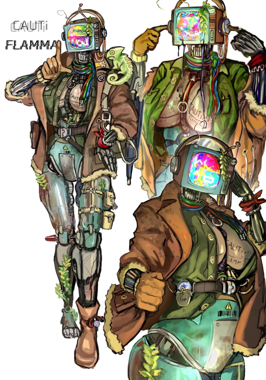 1girl, 1other, barcode, boots, breasts, cable, cauti_flamma_(sfour_s4), chameleon