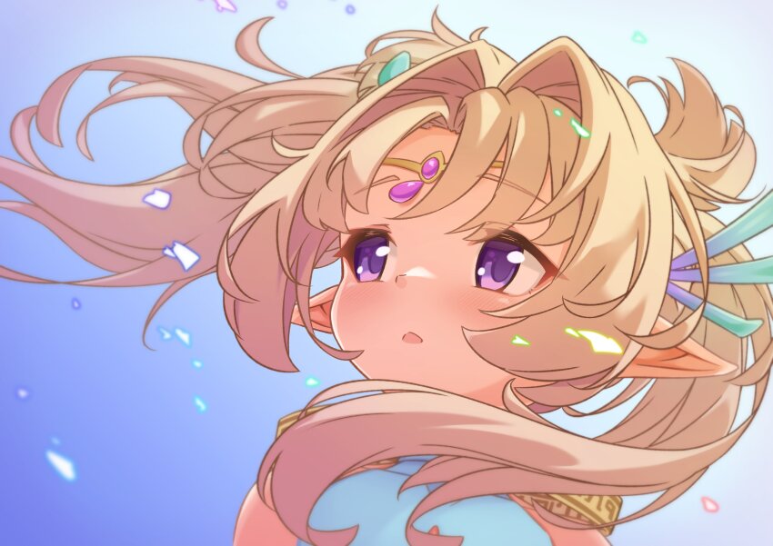 1girl, absurdres, blonde_hair, blue_dress, dress, emil_chronicle_online, hair_ornament, highres