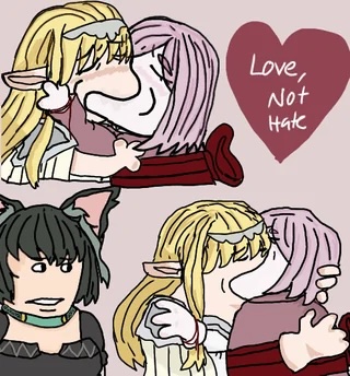 annette_(isekai_shikkaku), couple, isekai_shikkaku, kiss, meme, saccette, sacchan_(isekai_shikkaku), tama_(isekai_shikkaku)