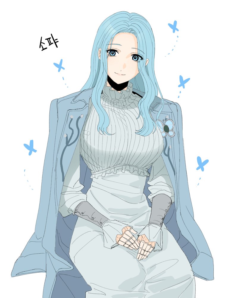 1girl, blue_butterfly, blue_coat, blue_eyes, blue_hair, breasts, bug, butterfly, closed_mouth, coat, commentary_request, doll_joints, dress, insect, joints, korean_text, large_breasts, lies_of_p, long_hair, looking_at_viewer, open_clothes, open_coat, simple_background, sitting, smile, solo, sophia_monad, translation_request, wavy_hair, white_background, white_dress, xxq_002