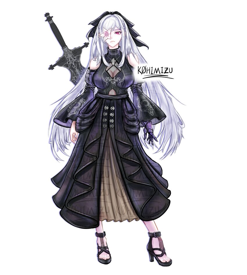 1girl, absurdres, artist_name, black_dress, breasts, closed_mouth, drag-on_dragoon, drag-on_dragoon_3