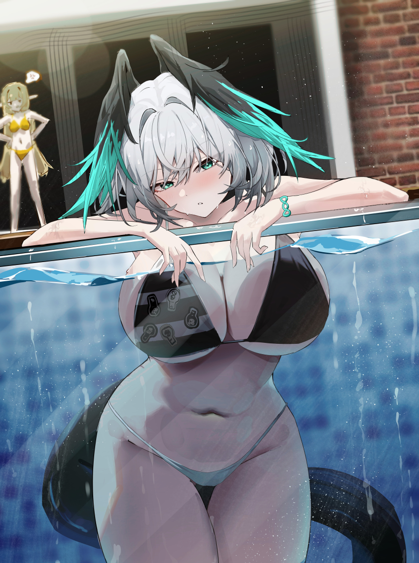2girls, absurdres, against_glass, alternate_costume, anger_vein, aqua_bikini, aqua_feathers, aqua_wings