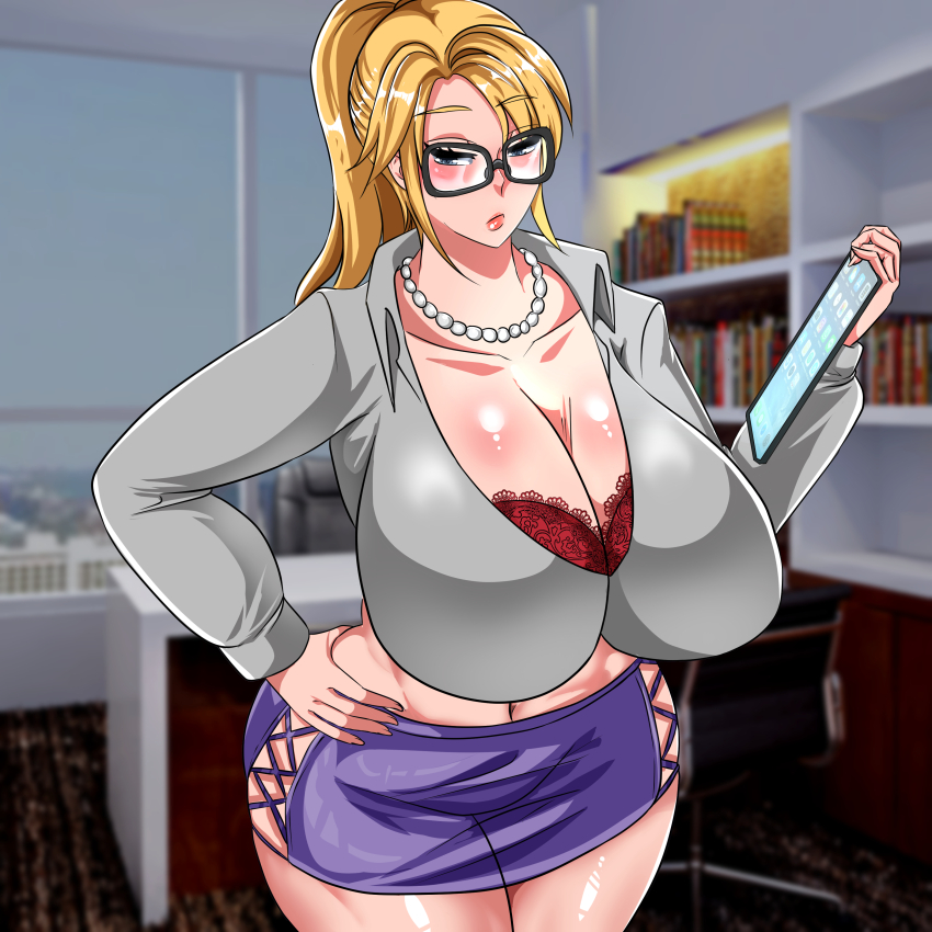 1girl, absurdres, alternate_costume, blonde_hair, blue_eyes, bra, breasts, cleavage, female_focus, gear5, glasses, hand_on_own_hip, highres, holding, huge_breasts, indoors, jewelry, looking_down, metroid, midriff, miniskirt, navel, necklace, nintendo, pearl_necklace, ponytail, samus_aran, secretary, shirt, sidelocks, skirt, solo, solo_focus, thick_thighs, thighs, underwear, white_shirt, wide_hips