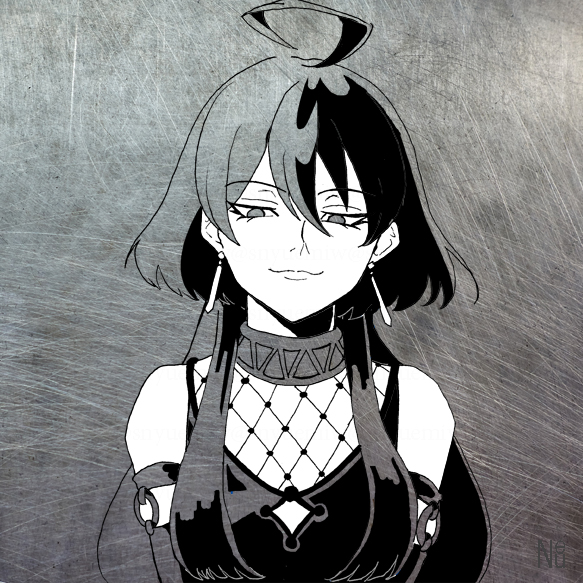 1boy, black_eyes, black_hair, choker, cowlick, detached_sleeves, earrings, fishnet_top, fishnets, jewelry, long_hair, looking_at_viewer, mairimashita!_iruma-kun, monochrome, neu_(5smey06), solo, solo_focus, suzuki_iruma, trap