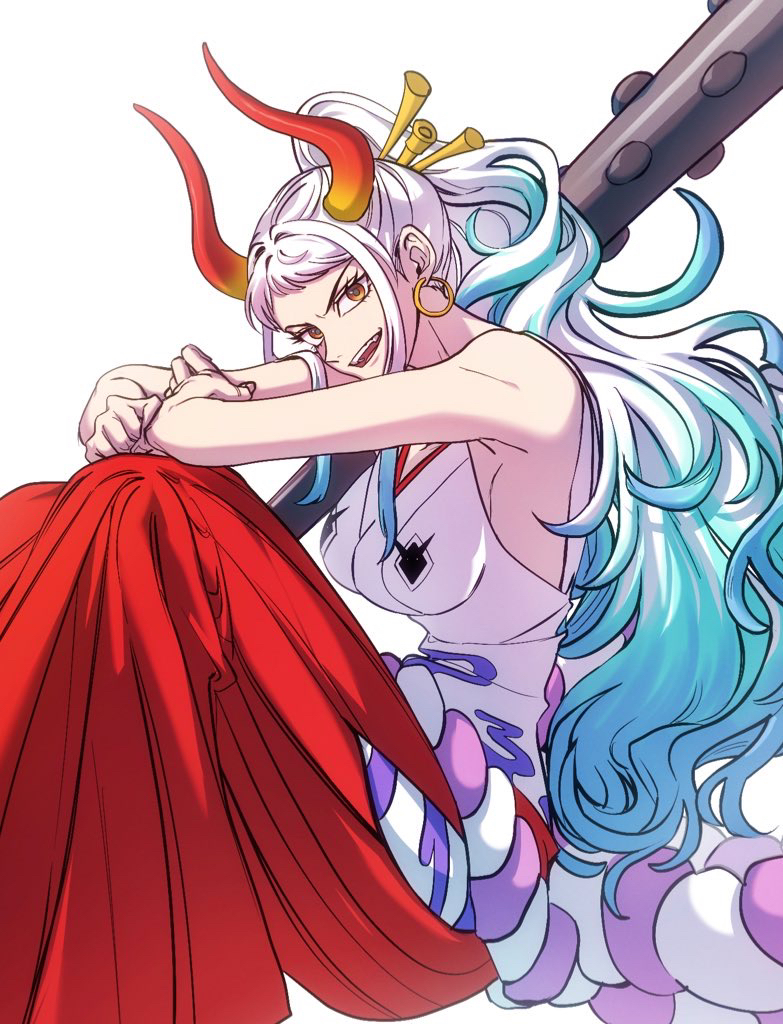 1girl, bare_shoulders, breasts, club_(weapon), commentary, earrings, green_hair, hakama, holding, holding_weapon, horns, japanese_clothes, jewelry, jjim, kimono, long_hair, looking_at_viewer, medium_breasts, multicolored_hair, one_piece, open_mouth, ponytail, red_hakama, sidelocks, sleeveless, sleeveless_kimono, smile, solo, untranslatable_commentary, two-tone_hair, weapon, white_background, white_hair, white_kimono, yamato_(one_piece), yellow_eyes