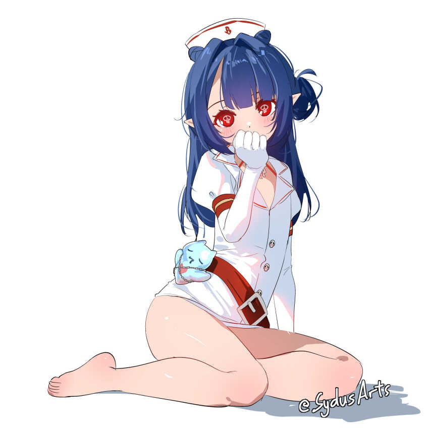1girl, aged_down, artist_name, bare_legs, barefoot, belt, blue_hair, blush, commentary, covering_own_mouth, dizzy_dokuro, dizzy_dokuro_(nurse), dress, elbow_gloves, english_commentary, feet, full_body, gloves, hair_bun, hand_over_own_mouth, hat, highres, looking_at_viewer, nurse_cap, phase_connect, pointy_ears, puffy_short_sleeves, puffy_sleeves, red_belt, red_eyes, short_dress, short_sleeves, simple_background, sitting, skull-shaped_pupils, solo, sydus, symbol-shaped_pupils, toes, twitter_username, virtual_youtuber, white_background, white_dress, white_gloves, yokozuwari