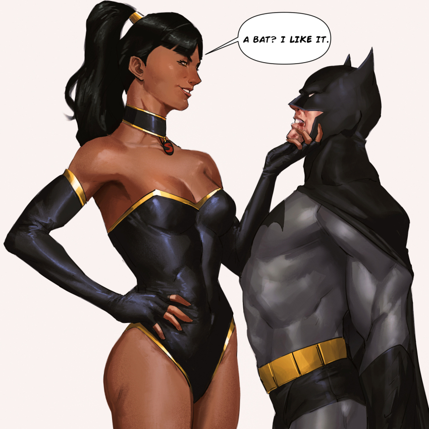 1boy, 1girl, armpits, batman, belt, black_choker, black_leotard, blood, blood_on_face, breasts, bruce_wayne, choker, colored_skin, cowl, dark-skinned_female, dark_skin, dc_comics, eyelashes, filipe_sca, fingerless_gloves, gloves, highres, leotard, looking_at_another, medium_breasts, muscular, muscular_female, muscular_male, ponytail, simple_background, smile, superwoman, tall_female, thighs, utility_belt, white_background, white_skin