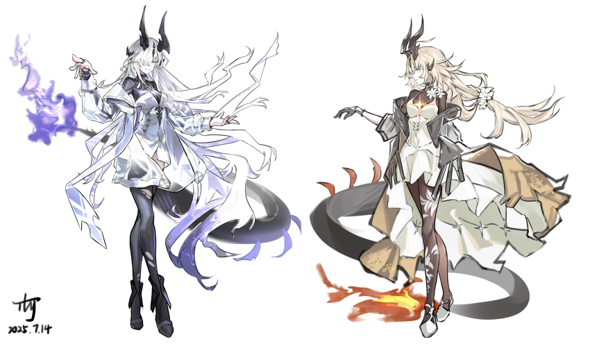 2girls, absurdres, arknights, black_gloves, black_horns, black_tail, black_thighhighs, blonde_hair