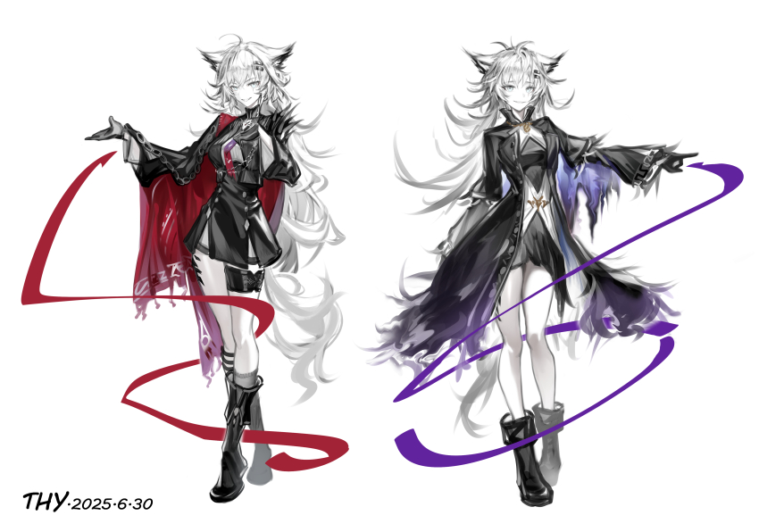 2girls, absurdres, animal_ears, arknights, black_boots, black_coat, black_dress, black_gloves