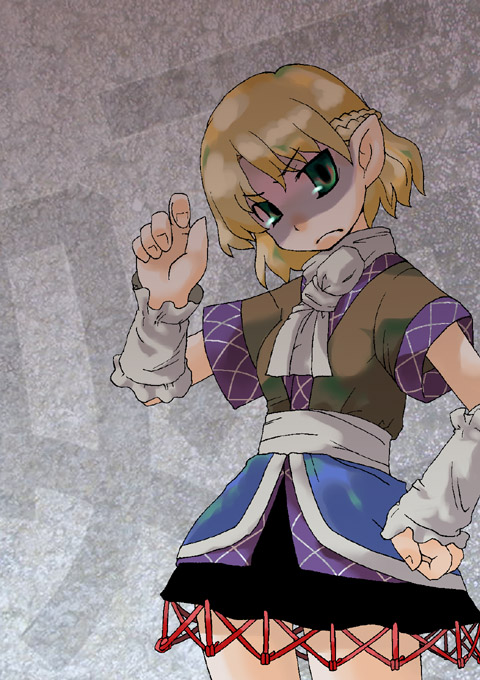 1girl, arm_warmers, black_skirt, blonde_hair, braid, breasts, brown_shirt, closed_mouth