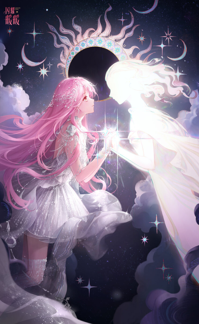 1girl, 1other, ad_lunam_(shining_nikki), ambiguous_gender, artist_request, brown_eyes, circlet, cloud, copyright_name, crescent_moon, dress, expressionless, floating_clothes, floating_hair, from_side, highres, holding_hands, interlocked_fingers, logo, long_hair, looking_at_another, moon, nikki_(nikki), nikki_(series), official_art, parted_lips, pink_hair, pointy_nose, robe, second-party_source, shining_nikki, short_dress, silhouette, sleeveless, sleeveless_dress, sparkle, star_(symbol), styling_and_beauty_(shining_nikki), sun_symbol, turtleneck, turtleneck_dress, very_long_hair, white_dress, white_robe