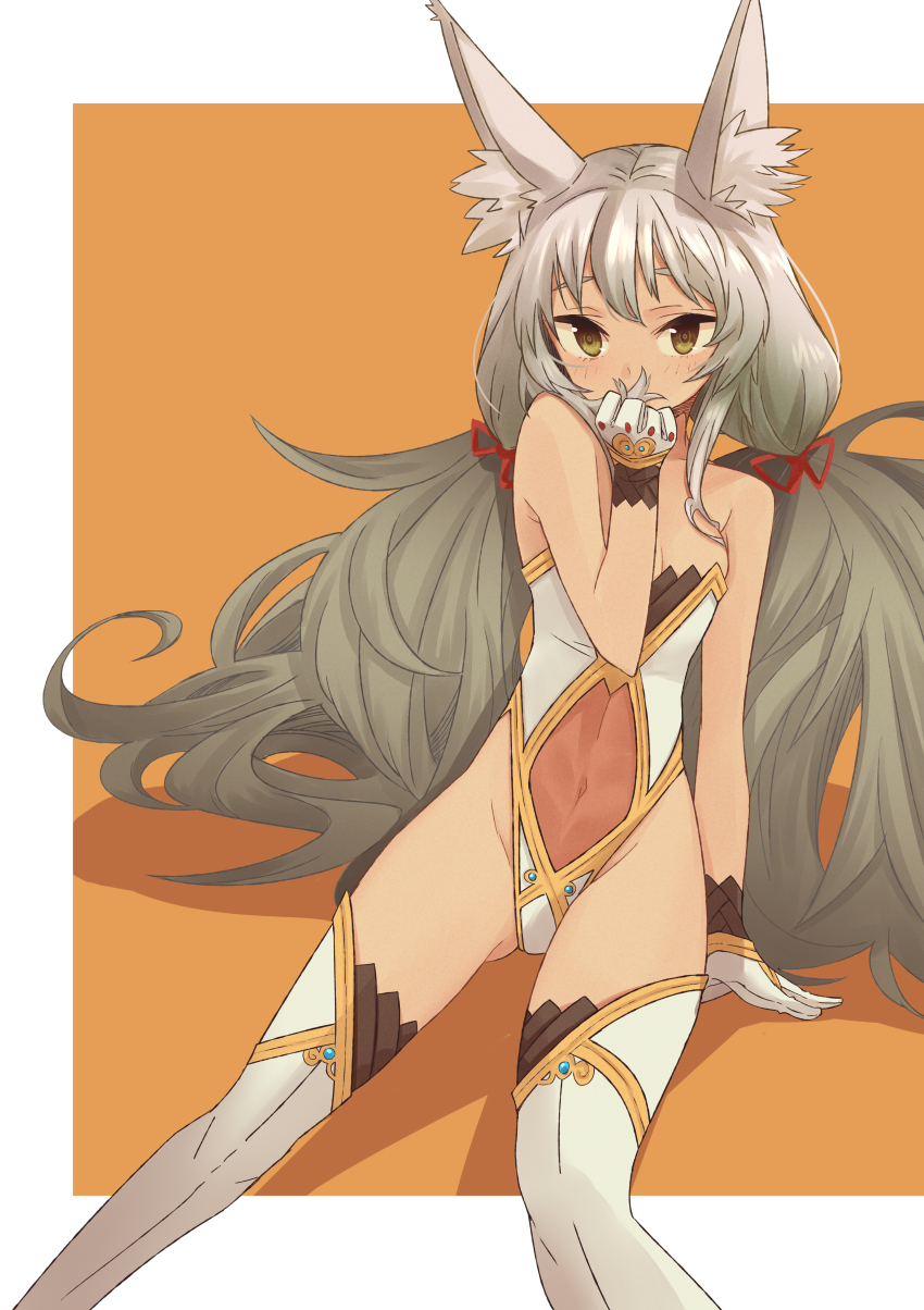 1girl, absurdres, animal_ear_fluff, animal_ears, blush, border, breasts, cat_ears, cat_girl, cleavage, commentary_request, eushima_(sgr), gloves, grey_hair, hair_ribbon, highleg, highleg_leotard, highres, leotard, long_hair, low_twintails, navel, nia_(blade)_(xenoblade), nia_(xenoblade), orange_background, outside_border, red_ribbon, ribbon, simple_background, sitting, small_breasts, solo, strapless, strapless_leotard, twintails, very_long_hair, white_border, white_gloves, xenoblade_chronicles_(series), xenoblade_chronicles_2, yellow_eyes