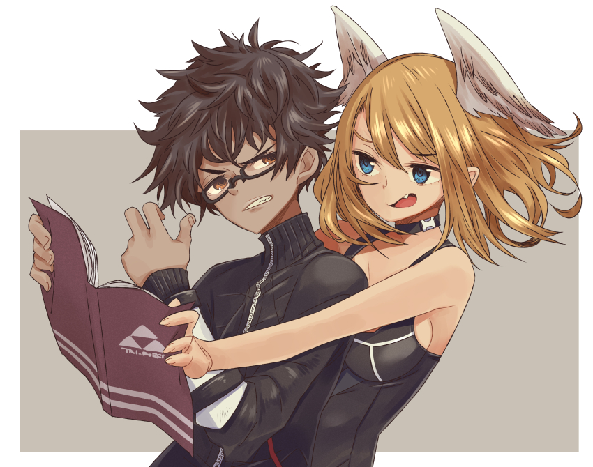 1boy, 1girl, absurdres, black-framed_eyewear, black_bodysuit, black_sweater, blue_eyes, bodysuit