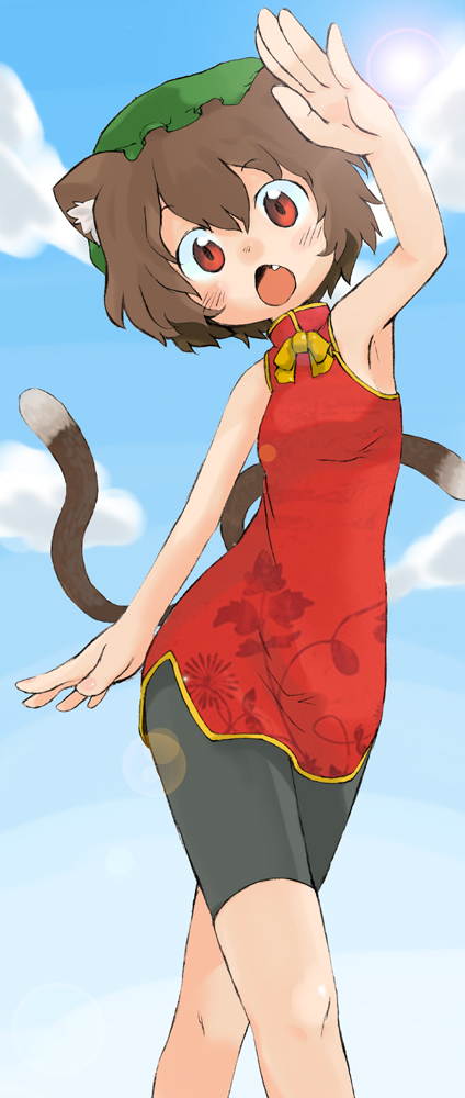 1girl, :o, animal_ears, armpits, bike_shorts, black_shorts, blue_sky, blush, brown_eyes, brown_hair, cat_ears, cat_girl, cat_tail, chen, cloud, commentary_request, cowboy_shot, day, fang, green_hat, hat, kazuiyun, lens_flare, looking_at_viewer, mob_cap, multiple_tails, open_mouth, outdoors, red_shirt, shirt, short_hair, shorts, sky, sleeveless, sleeveless_shirt, solo, tail, touhou, two_tails