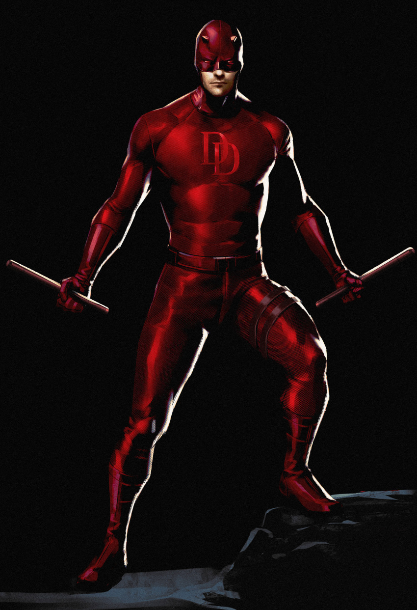 1boy, absurdres, avengers_(series), baton_(weapon), belt, black_background, boots, cowl